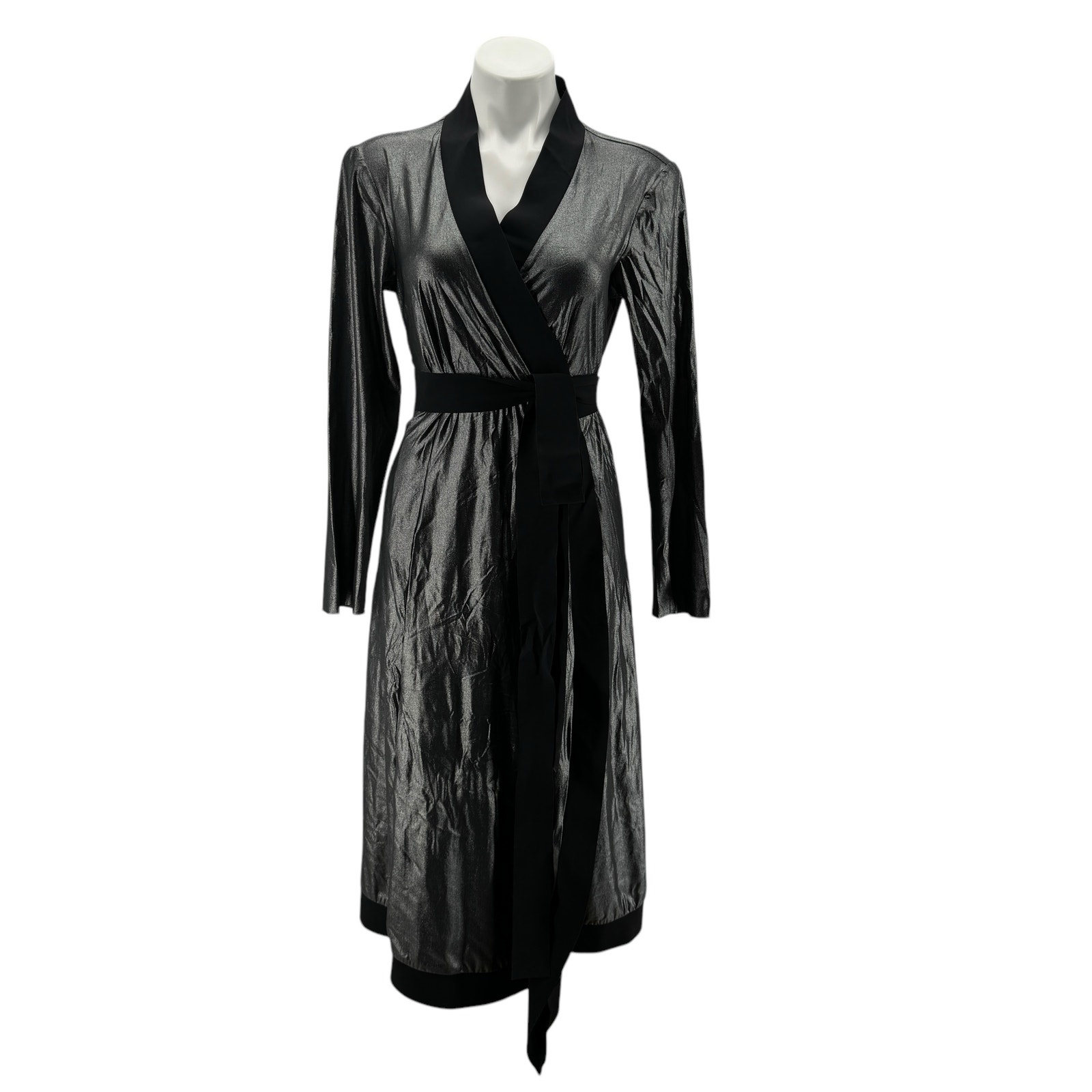 M2057 Maria Pinto Womens Wrap Dress Sz L Silver Black Event Party Holiday Fancy